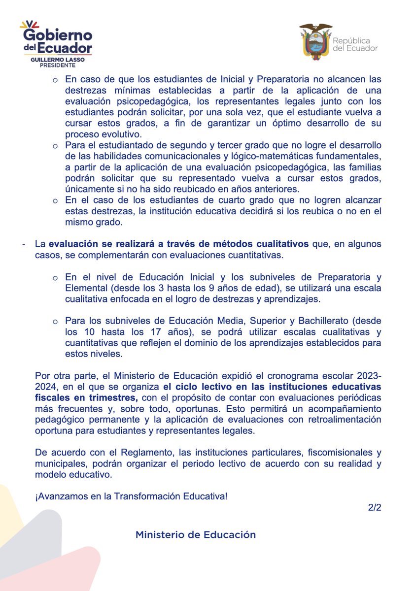Educacion_Ec's tweet image. [BOLETÍN] Conoce más sobre el nuevo enfoque de evaluación educativa acorde al Reglamento a la LOEI, que se centra en la adquisición de aprendizajes, desarrollo de destrezas y el trabajo continuo en refuerzo pedagógico.

#TransformaciónEducativaEc