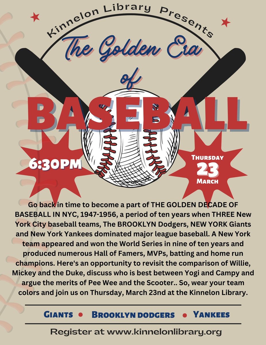 KinnelonLibrary's tweet image. Baseball&apos;s Golden Era-Thursday, March 23 at 6;30pm - mailchi.mp/kinnelonlibrar…