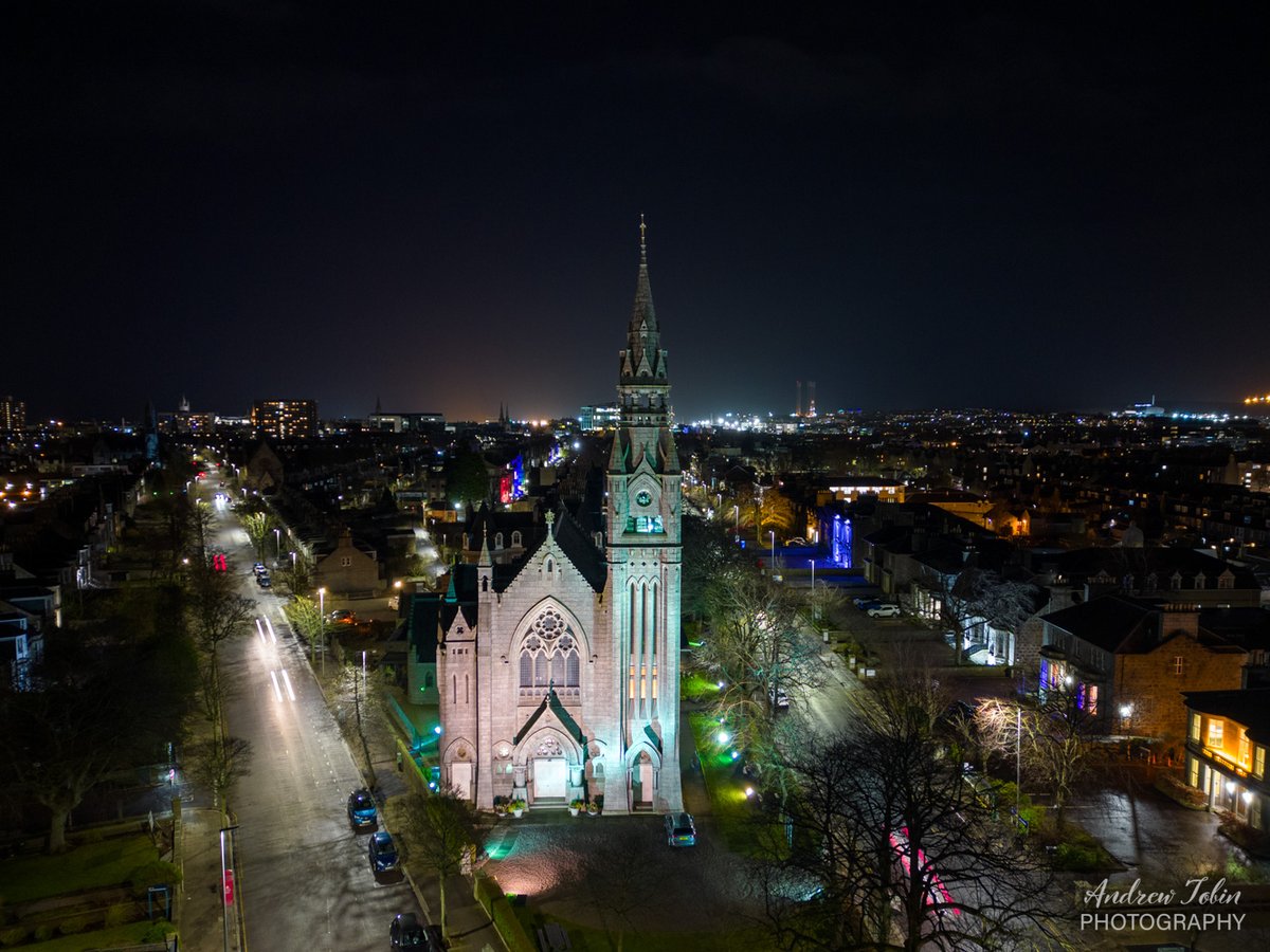 Colourful aerial night view of Queens Cross Church, located in Aberdeen's West End.

All images fully compliant with CAA CAP722.
#Aberdeen #NightPhotography #dronephotography
<a href="/VisitScotland/">VisitScotland</a>  <a href="/visitabdn/">VisitAbdn</a>