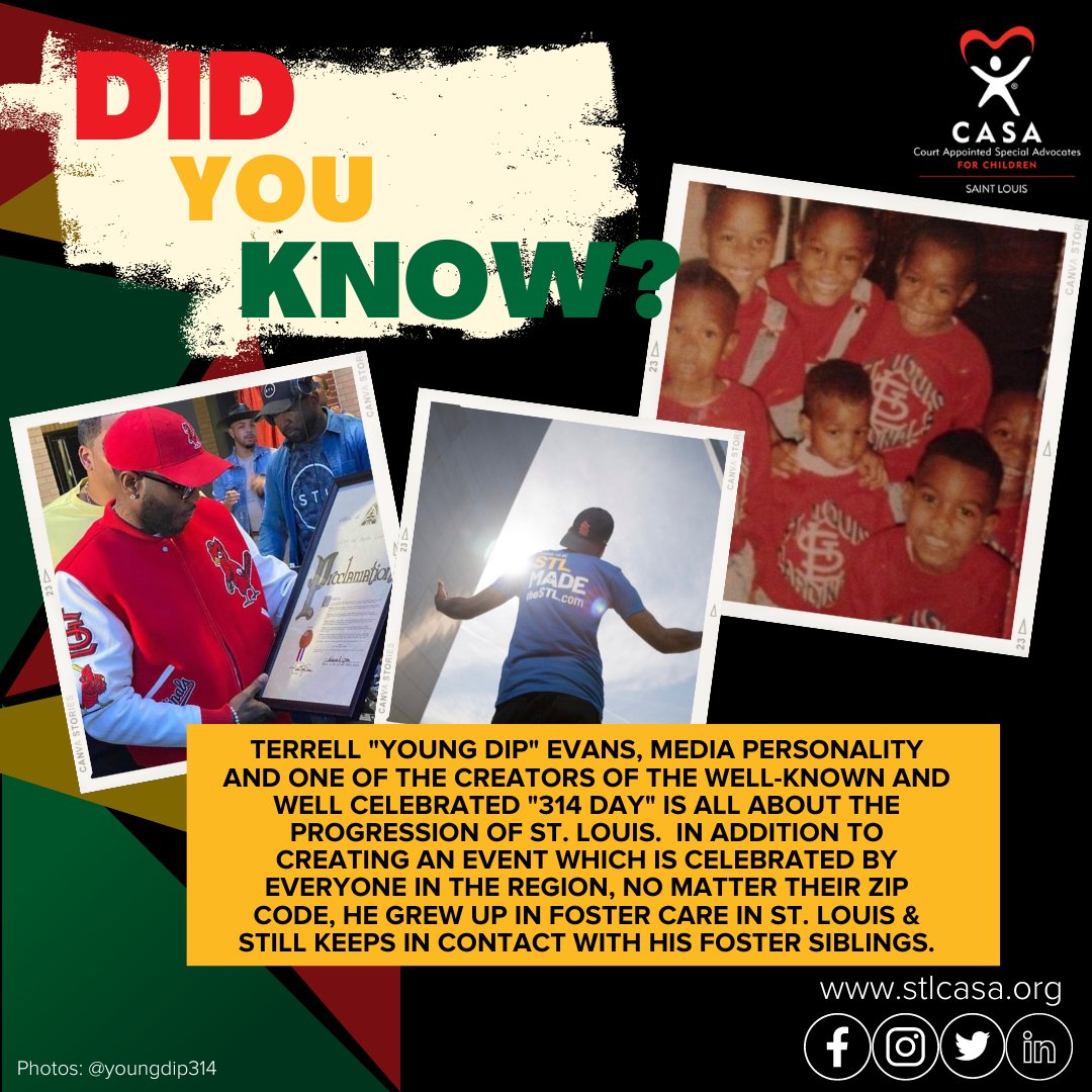 stlouiscasa's tweet photo. #314Day is around the corner...Today to celebrate Black History Month, we recognize the creator of #314Day, Terrell "Young Dip" Evans.  He's an advocate of all things great in the area and  for spreading the word about foster care. 

#stlcasa #casastl #BlackHistoryMonth https://t.co/T1IvY8V7wd