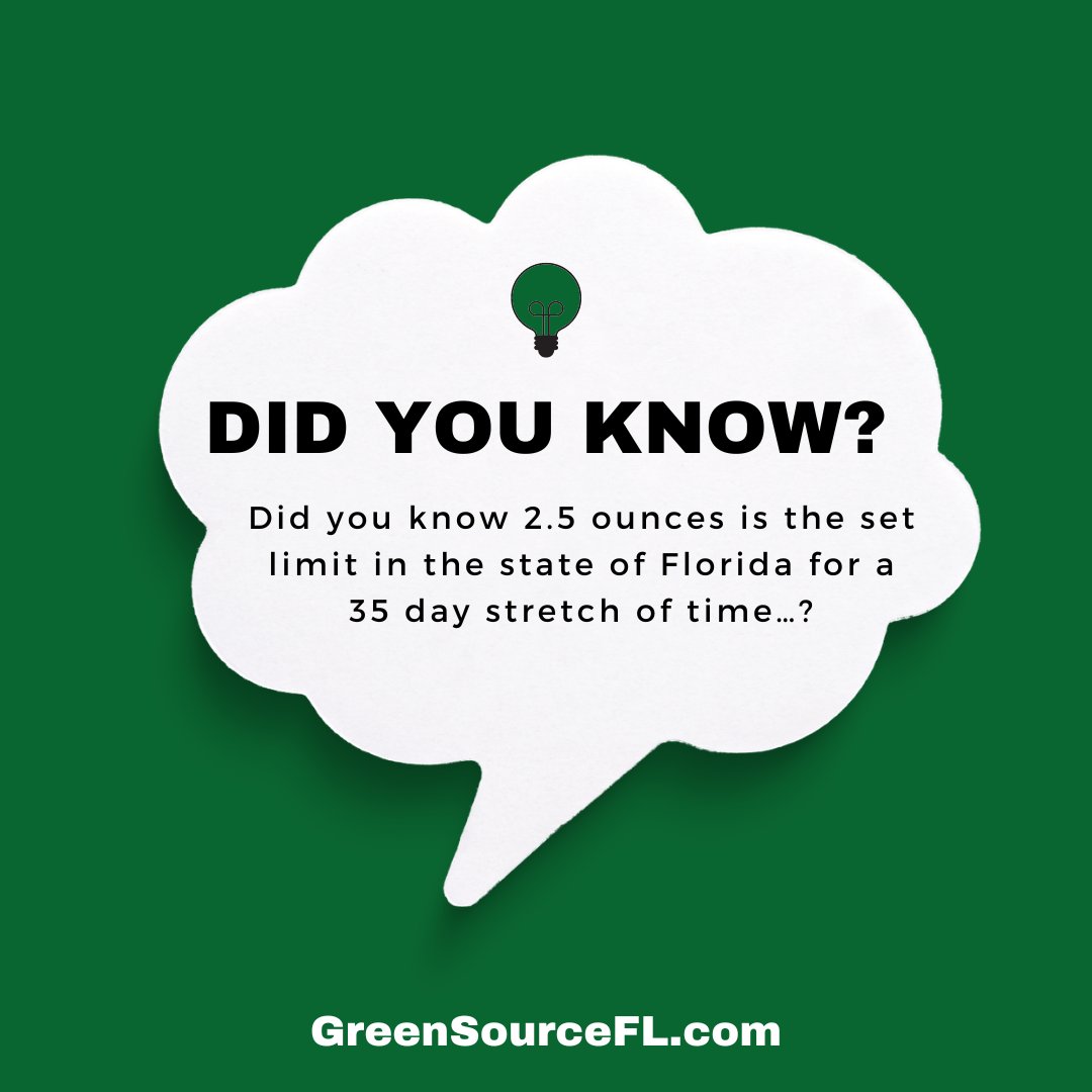GreenSourceFL's tweet image. Did you know 2.5 ounces of medical marijuana is the set limit in the state of Florida for a 35 day stretch of time… 🍃 

Leave your MMJ questions in the comments for more answers!

#orlando #MMJ #florida