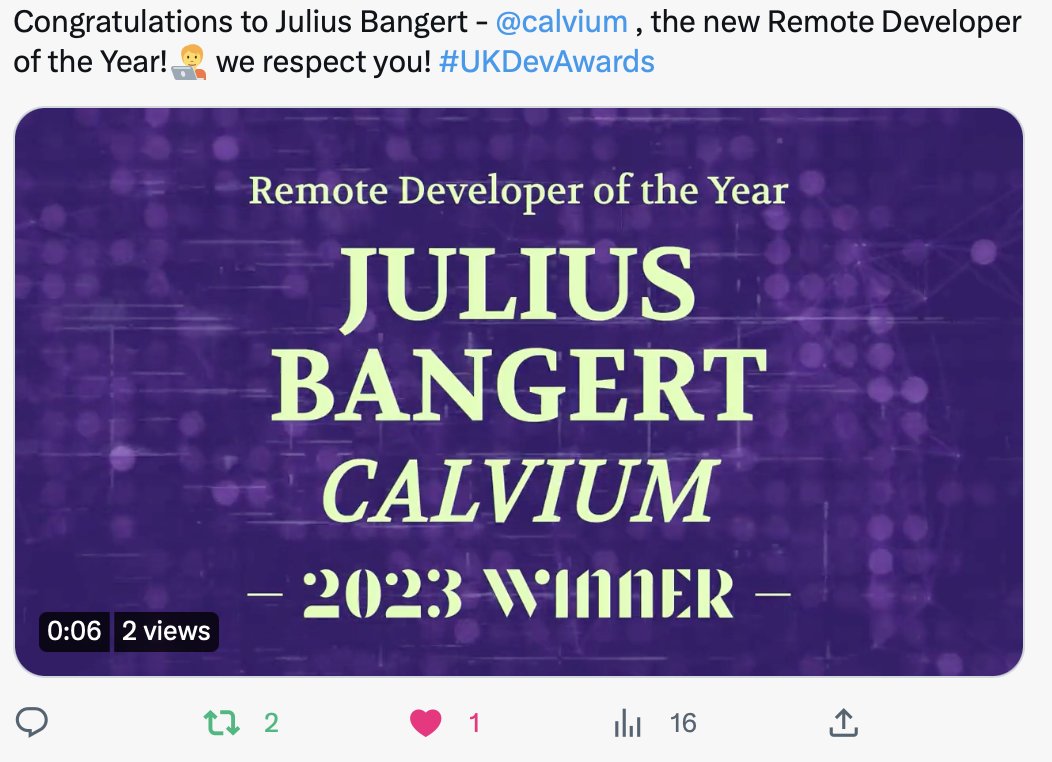 calvium's tweet photo. Delighted that our colleague Jules Bangert has been awarded Remote Developer of the Year at #UKDevAwards!
Jules is instrumental to the ongoing success of our amazing #PlaceExperiencePlatform
@JosephineReid @benclayton #calvium https://t.co/ZnmSXeixgd