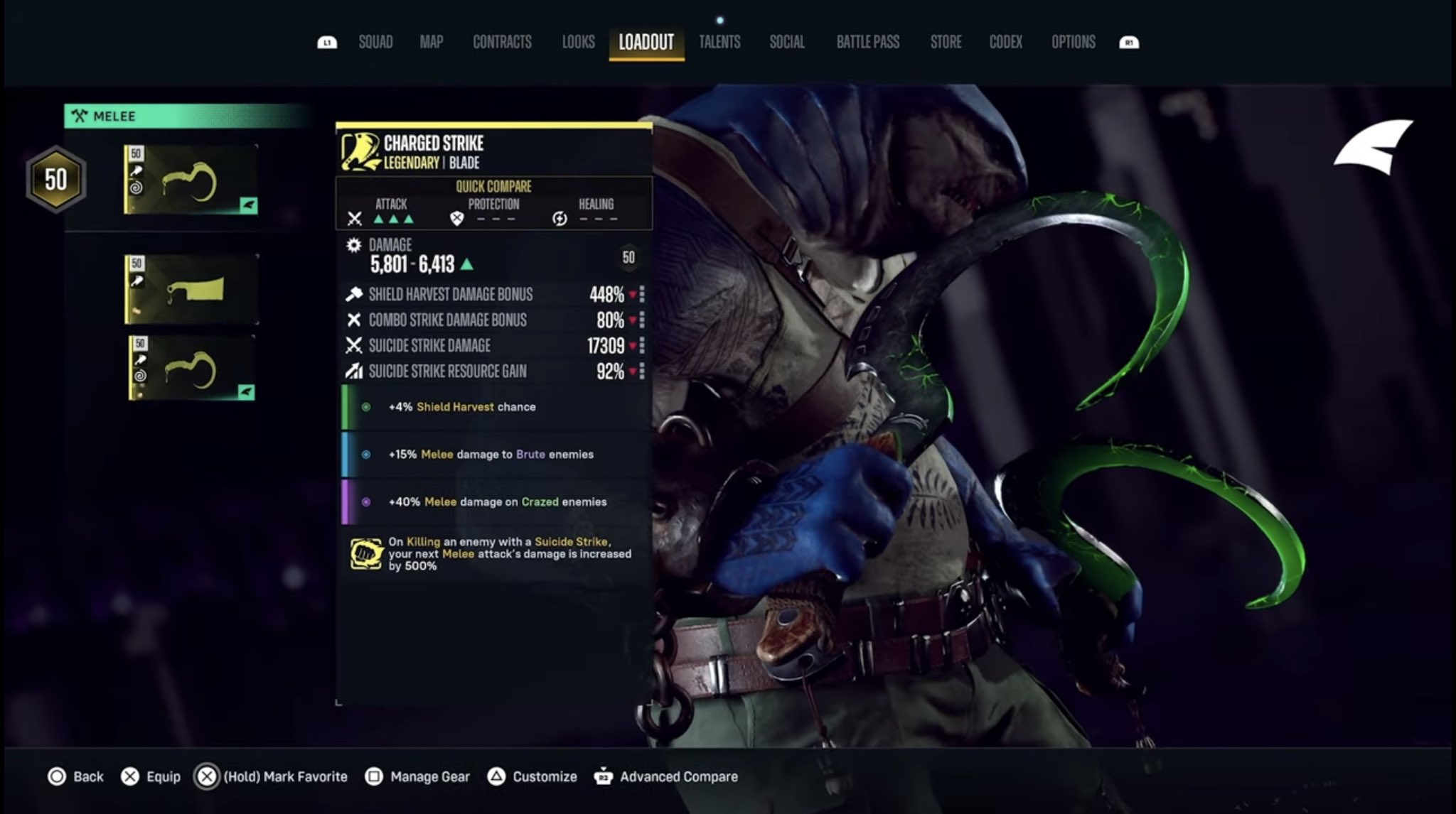 Screenshot of the Loadout menu in Suicide Squad kill the Justice