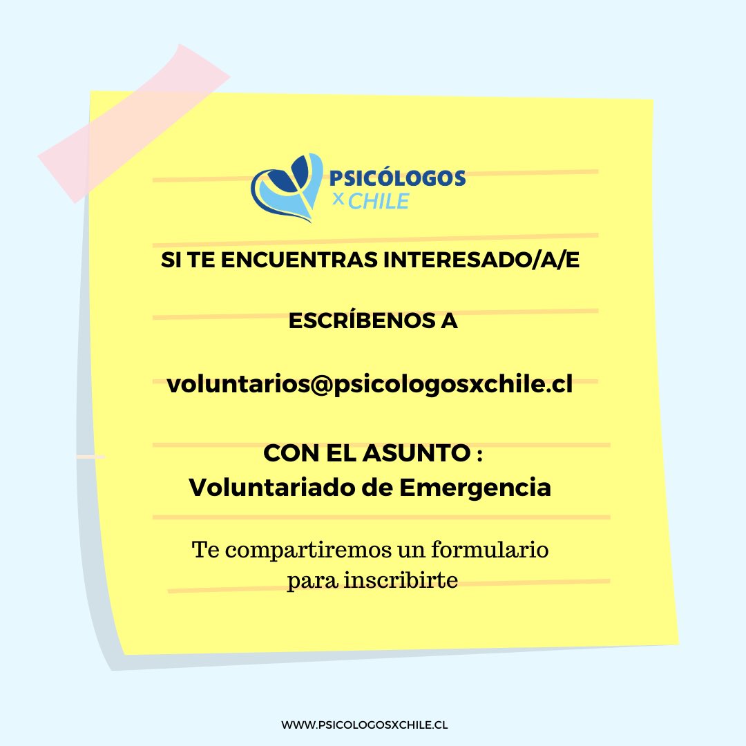 sicologosxchile's tweet photo. Buscamos profesionales #concepción o cercanías de #santajuana,  para brindar apoyo psicológico a personas afectadas x #IncendiosForestales
Escríbenos a voluntarios@psicologosxchile.cl
Nosotros te capacitamos en P.A.P.
#SaludMental #incendiossantajuana 
#psicologosenemergencias https://t.co/n3GhsL2Z05
