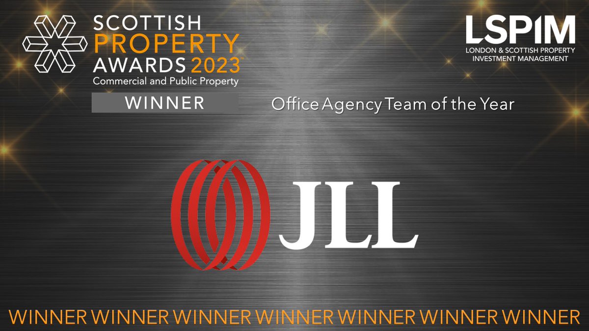 scotpropawards's tweet photo. The WINNER of Office Agency Team of the Year is @JLLScotland sponsored by LSPIM  

#winner #scottishpropertyawards https://t.co/I2Y4v7aap8