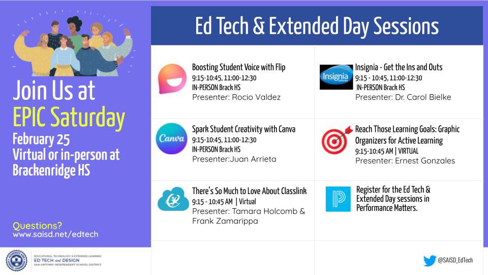 Get your learning on this Epic Saturday! In-person (Brackenridge HS) and virtual tech infused sessions are being offered. It’s not too late to sign-up in Performance Matters! #saisdfamilia #saisdAlwaysLearning