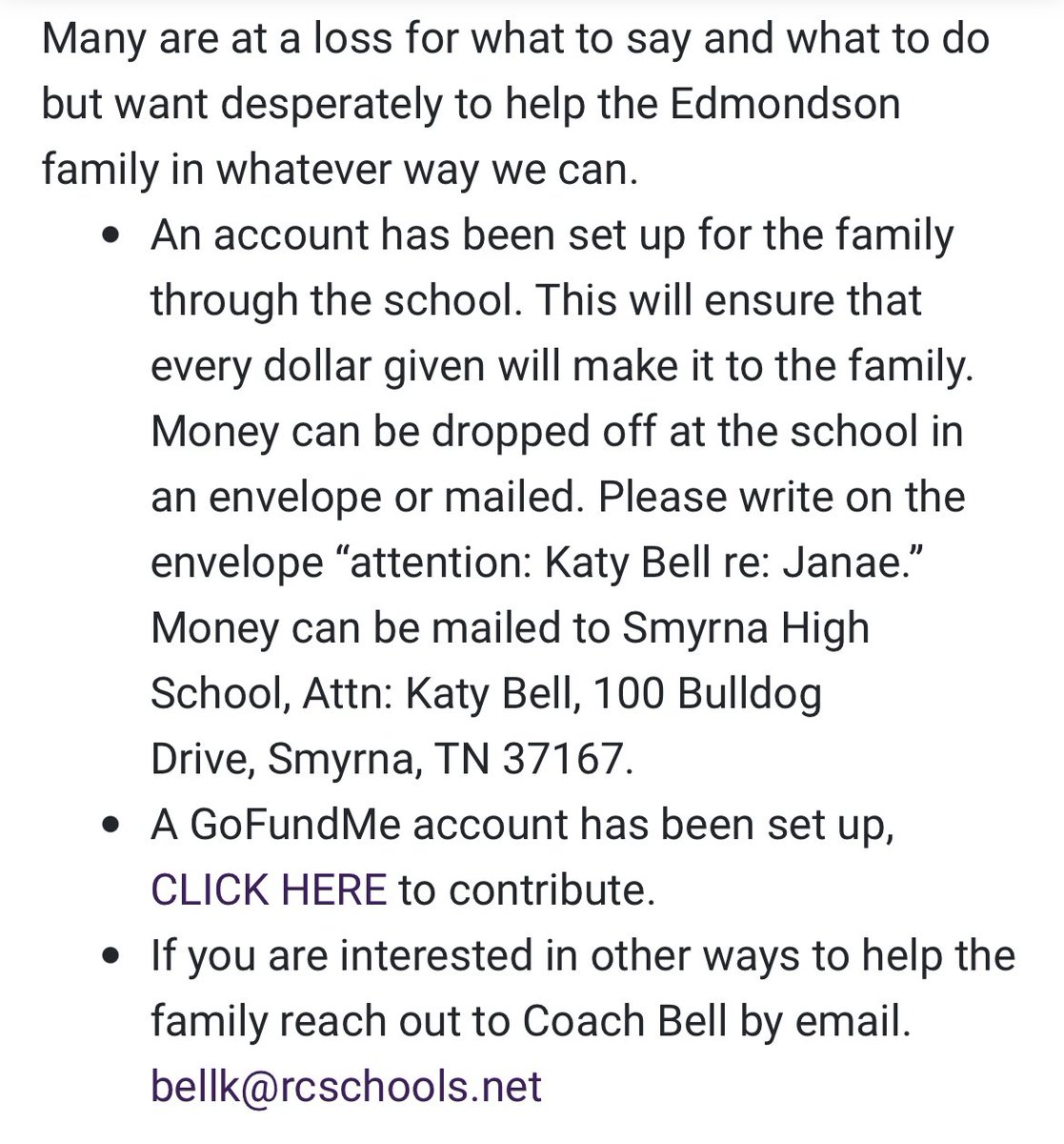 SmyrnaBulldog's tweet photo. Please RT

Want to help Janae &amp; her family? Here’s how: https://t.co/vnmRXClwke…

Donations can be dropped off during normal school hours. More details below &amp; online. #playfornae #onlyoneSHS https://t.co/aTQsukxuKj