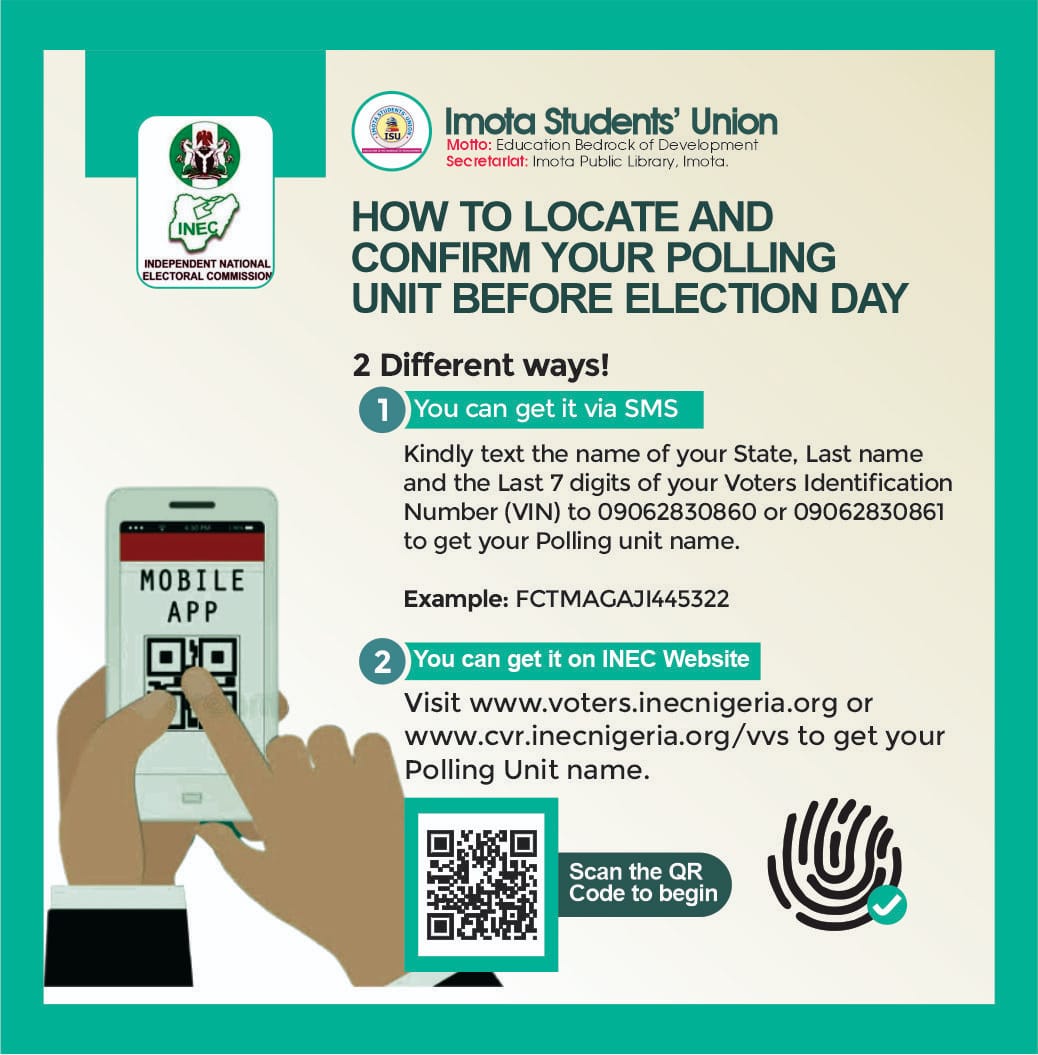 imotastudents's tweet photo. Did you know you POLLING UNIT or NOT.
This is a SOLUTION on how you can get your POLLING UNIT before ELECTION DAY.
#KnowYourPollingUnit
#ComeOutAndVote
#ImotaStudents'Union
#VirtualCampaign......
Kindly Rebroadcast🤗 https://t.co/dYW9toNDz3