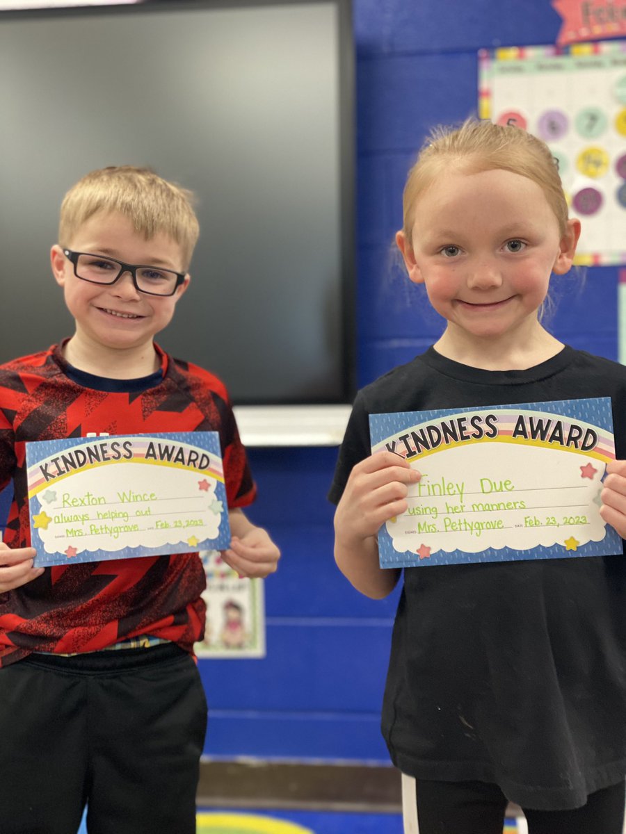 These two have really stood out to me when it comes to being kind. Rexton is always willing to help out adults and other students while Finley is using her manners all throughout the school day with peers and adults. 👏🏼👏🏼#BeKind #emwolves