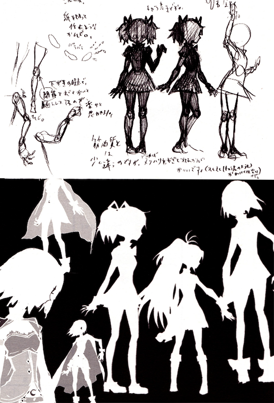 while they did go with a silhouetted look, it's a shame for Elisa Maria's barrier in Magoka Magica they didn't go with the actual shadow puppet look that is seen in the concept art, you can see the character designs have been exaggerated to be more readable in silhouette here