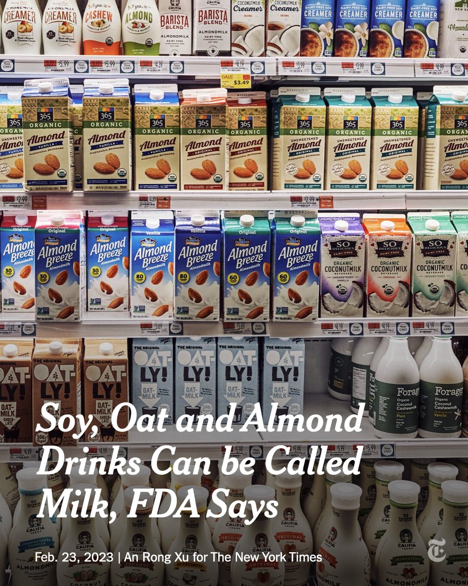 nytimes's tweet photo. Oat, soy and almond drinks can keep the word milk in their names, the FDA proposed this week, in an effort to end a long-running battle between the powerful dairy industry and plant-based beverage makers. https://t.co/V9PeeqEQIb https://t.co/zwLTcFK42x