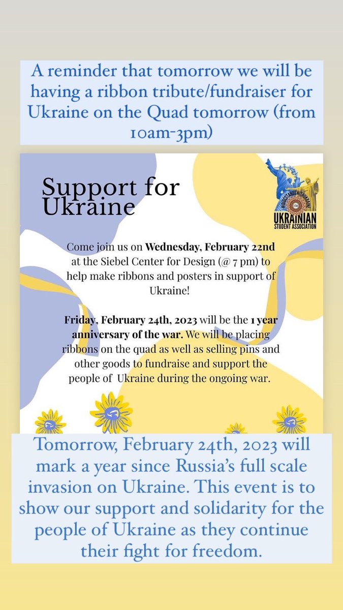 slavicillinois's tweet photo. @UofIllinois Ukrainian Student Association Tribute for Ukraine — Feb 24, 2023 / Quad / 10am-3pm. Слава Україні! Героям Слава! #StandwithUkraine https://t.co/tjoYdRrWeK