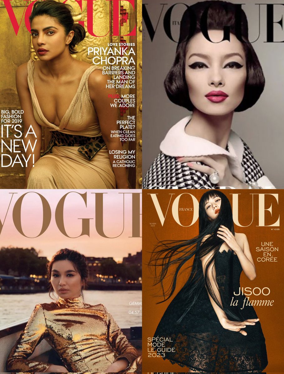 First Asians to grace a Solo Cover of the Big 4 Magazines Vogue: Priyanka  Chopra Vogue Italy: Fei Fei Sun Vogue British: Gemma Chan Vogue France:  JISOO #JISOO #지수