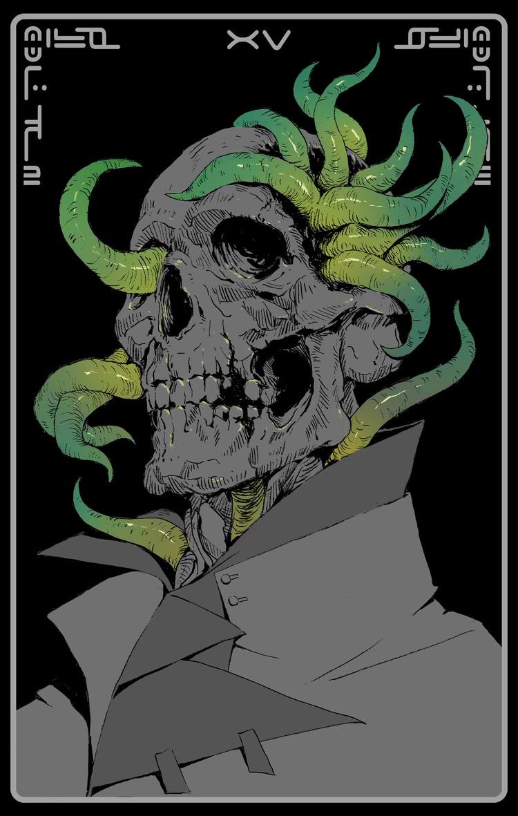 #ChingYeh XV The Devil #tarot #occult #Lovecraft #Cthulhu #Necromancy #Necronomicon #TheBookoftheDead #AlAzif #tentacles #Miskatonic #Cyberpunk #NoirFiction #HardBoiled #TheNinthGate #dnd #horrorart #MasteroftheMysticArts #sorcery #CalloftheCthulhuroleplaying #eldritch #Arkham