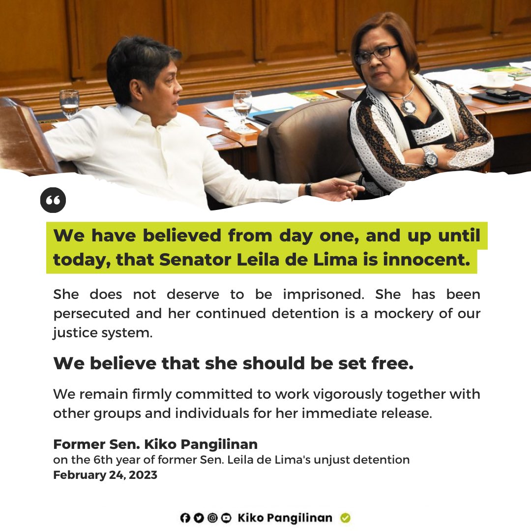 kikopangilinan's tweet image. On the occasion of the sixth year of @AttyLeiladeLima’s unjust detention: 

We say #FreeLeila.
