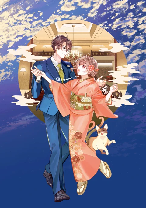 3/9(木)発売、コミカライズ「百鬼夜行とご縁組 あやかしホテルの契約夫婦 ニ」まであと2週間ほどそう言えば載せていなかった、提出時の一巻表紙絵です。実は全身を描いています。(もし怒られたら消す…!) 