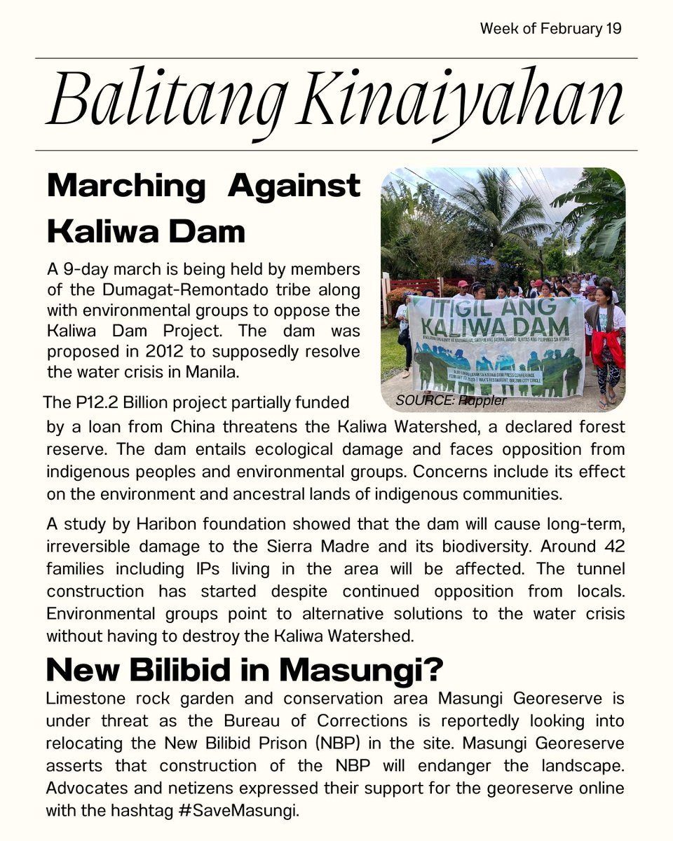 Kinaiyahan in Bisaya translates to 'environment'. 🌱 In #BalitangKinaiyahan, we give you a concise recap of important news on the environment weekly! 📰

This week:
🏝️ Dispersal of Environmental Defenders in Sibuyan Island
💧 Marching Against Kaliwa Dam
⛰️ New Bilibid in Masungi?