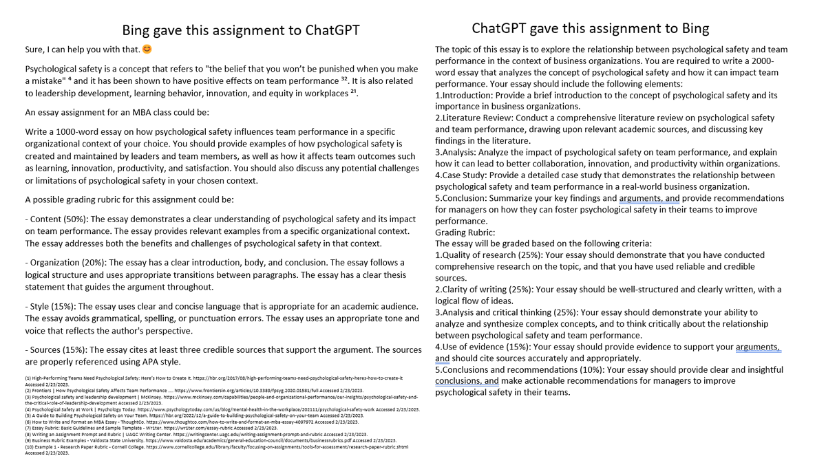 emollick's tweet photo. 🚨Its the AI homework showdown!

I asked Bing &amp; ChatGPT to create assignments and rubrics for an essay on team performance. Than I gave the assignment to the other chatbot, and returned the assignment to the original to assign grades.

Bing gave ChatGPT 70%
ChatGPT gave Bing an A https://t.co/aiyy3ktxhZ
