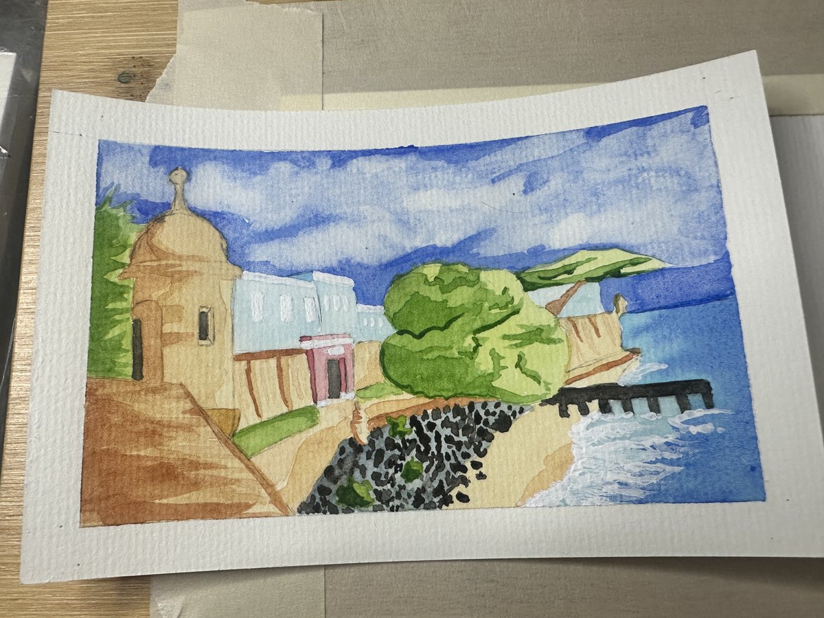 Hice más dibujos en acuarela hoy, por alguna razón mi esposa me dice que el árbol perece un nugget de pollo 🤣 #watercolor #watercolorpainting #postcard #painting