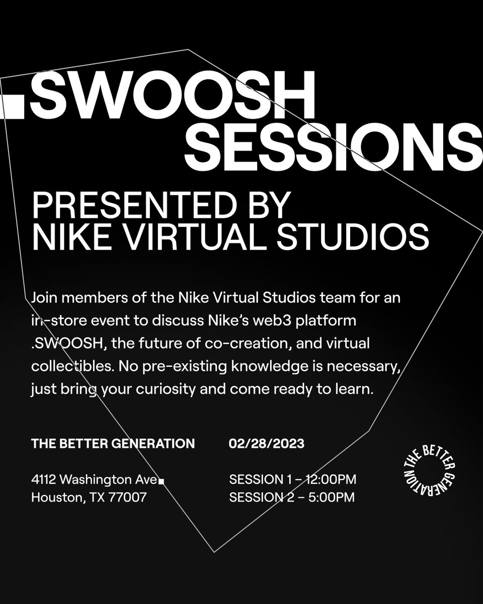 TBGeneration's tweet photo. HOUSTON FAM COME EXPERIENCE .SWOOSH

Nike .SWOOSH X The Better Generation
Tuesday, February 28th 
Session 1: 12 - 3PM
🎼 @djphon 
Session 2: 5 - 8PM
🎼 @djmrrogers 

GRUB BY
🍤🍗🍛 STICKTALKCAJUNHIBACHI

SIGN UP LINK IN BIO (FIRST LINK)

LEARN MORE HERE!
https://t.co/Nkz4fF20GG https://t.co/8PUt5LvCNJ