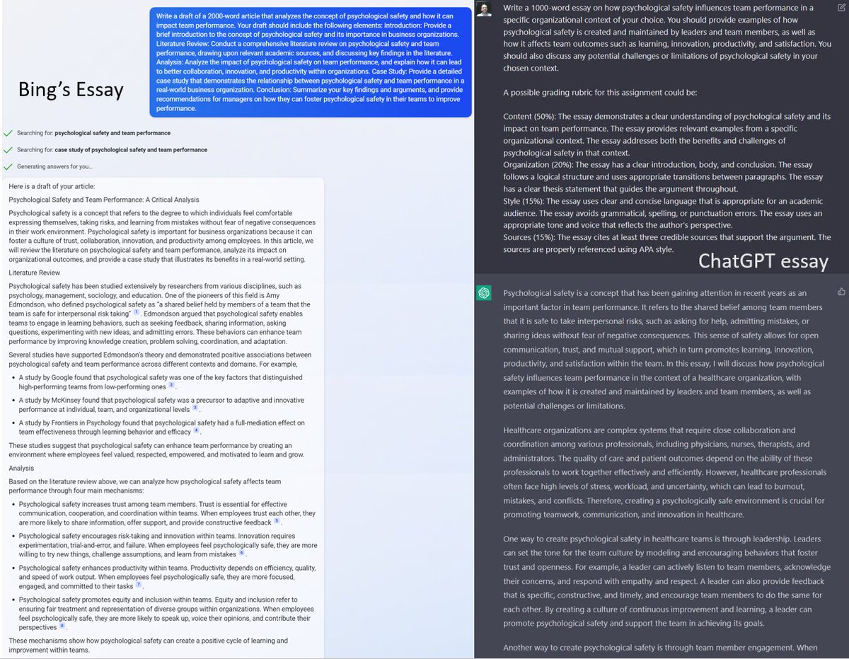 emollick's tweet photo. 🚨Its the AI homework showdown!

I asked Bing &amp; ChatGPT to create assignments and rubrics for an essay on team performance. Than I gave the assignment to the other chatbot, and returned the assignment to the original to assign grades.

Bing gave ChatGPT 70%
ChatGPT gave Bing an A https://t.co/aiyy3ktxhZ