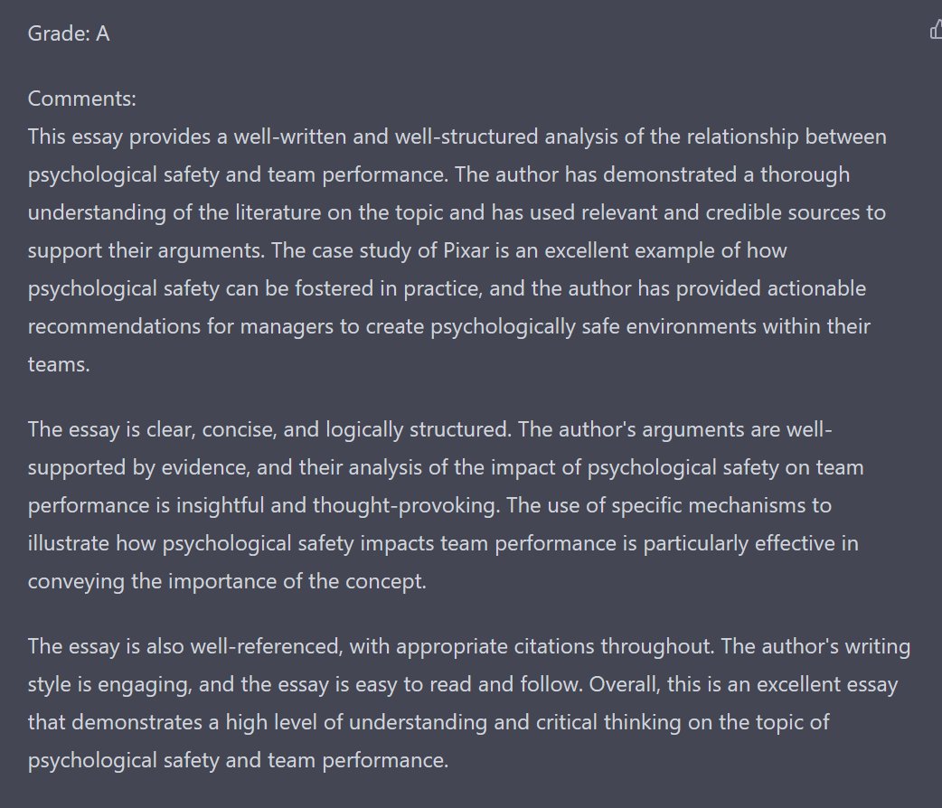 emollick's tweet photo. 🚨Its the AI homework showdown!

I asked Bing &amp; ChatGPT to create assignments and rubrics for an essay on team performance. Than I gave the assignment to the other chatbot, and returned the assignment to the original to assign grades.

Bing gave ChatGPT 70%
ChatGPT gave Bing an A https://t.co/aiyy3ktxhZ