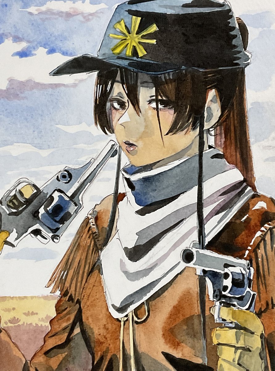 1girl hat gun weapon revolver solo holding  illustration images