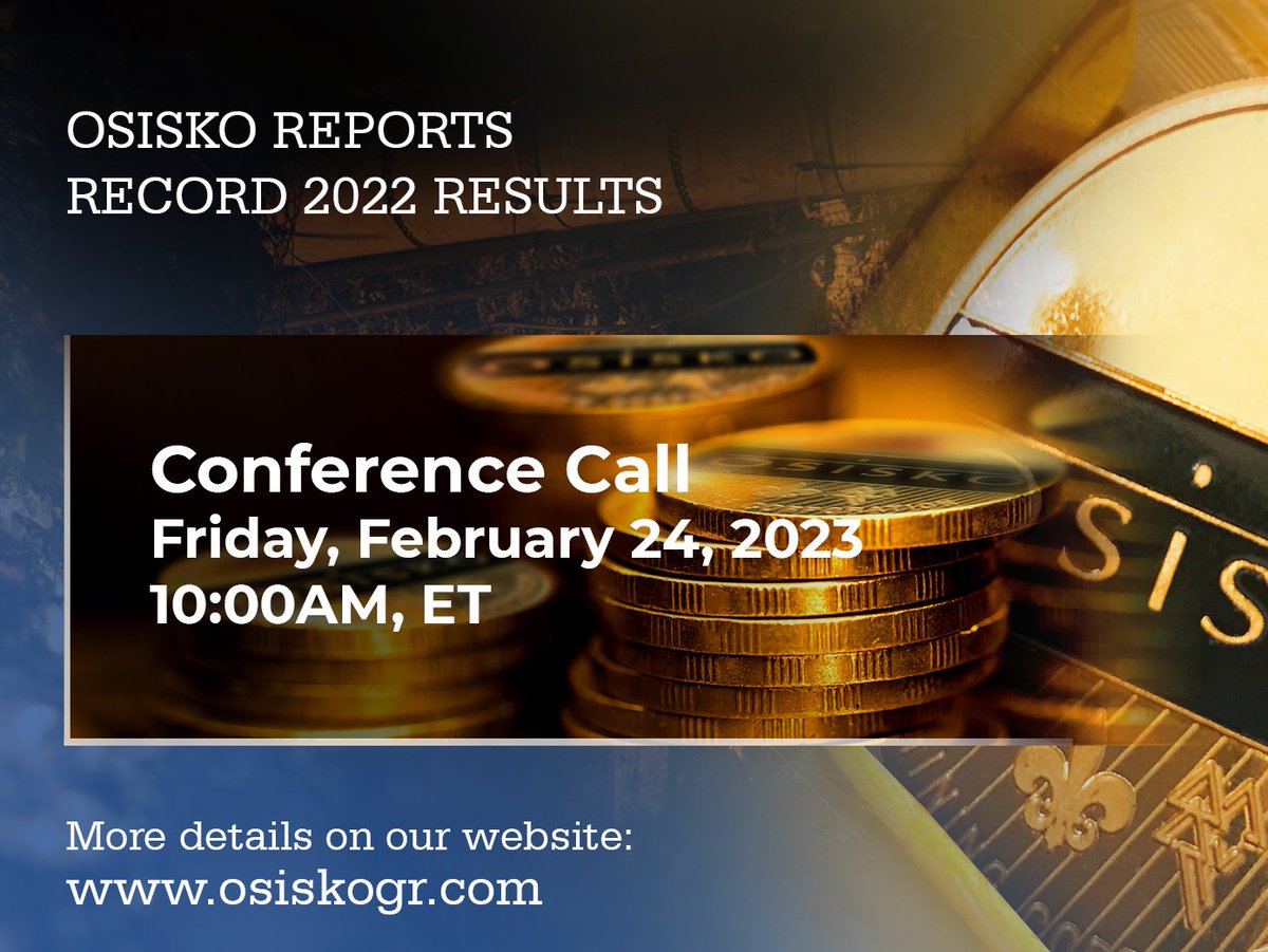 Osisko reported Q4 2022 financial results highlighting record annual GEO deliveries, revenues, cash flows and cash margin. Join us for our conference call tomorrow at 10am ET. More details on osiskogr.com/en/ #osisko #osiskogoldroyalties #miningnews #gold #mining