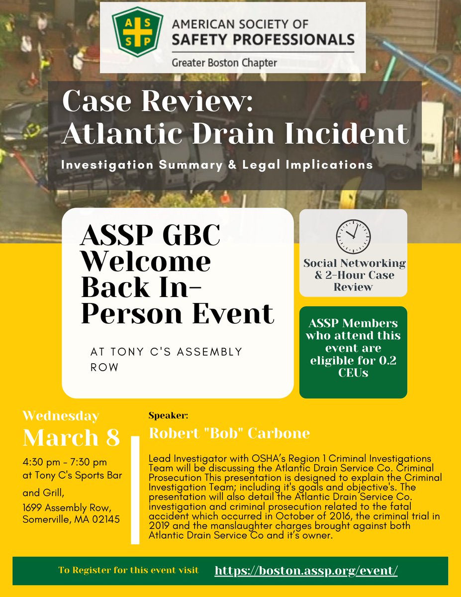 UML_GBC_ASSP's tweet photo. Join this in-person Case Review of the Atlantic Drain Incident on March 8th (4:30 pm - 7:30 pm) by Bob Carbone. ASSP members can earn 0.2 CEUS. Register here (limited seats available): https://t.co/WPx8YBkGy2 https://t.co/GSRzSiCv8e
