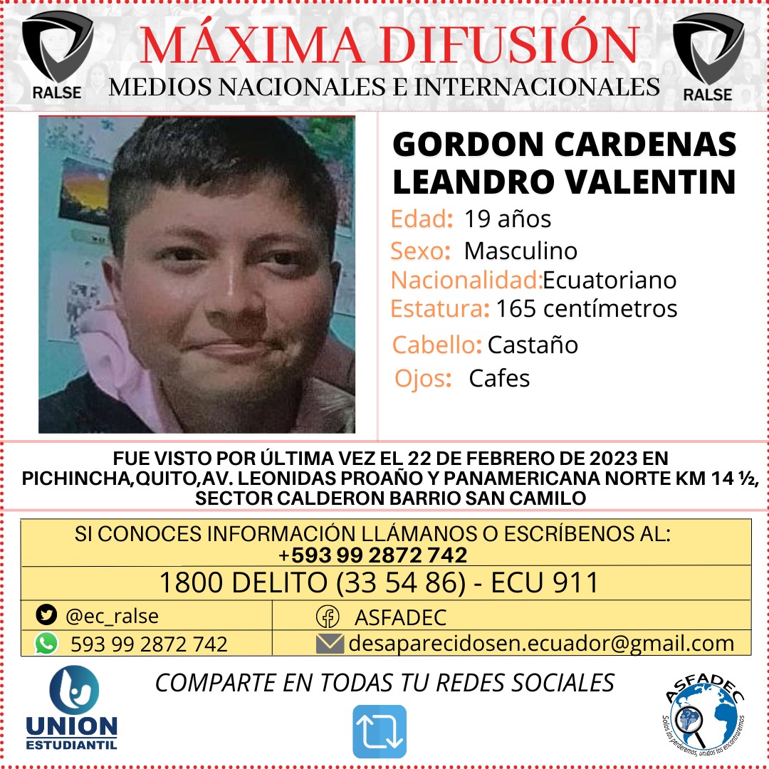AsfadecEc's tweet photo. 🛑🚩 ALERTA RALSE 🛑
LEANDRO GORDON, fue visto por última vez el  miércoles 22 de febrero de 2023, en Quito, Av. Leonidas Proaño y Panamericana Norte Km 14 ½, Sector Calderón. 

¡Unámonos y hagamos la diferencia en la vida de esta familia! https://t.co/F1X5cMAiGY