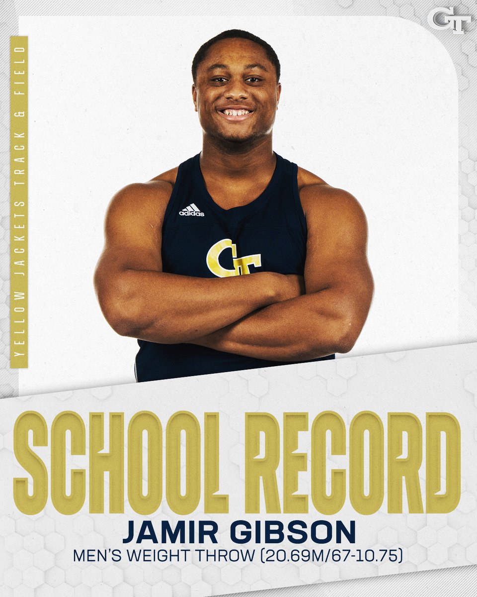 GT_trackNfield's tweet photo. Jamir Gibson started off the ACC Championships with a NEW SCHOOL RECORD in the Men's Weight Throw 💪

Gibson placed eighth overall with a mark of 20.69 meters (67-10.75) https://t.co/koCMWLPenl