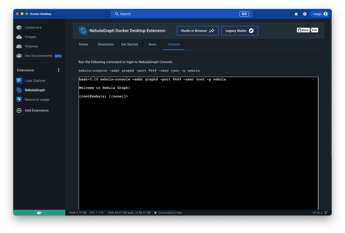 wey_gu's tweet photo. Just added Console to #NebulaGraph #dockerextension https://t.co/jjlf71jnqk