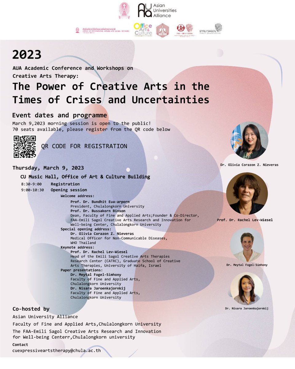 AUA_sec's tweet photo. #AUA Academic #Conference and Workshops on Creative Arts Therapy: The Power of Creative Arts in the Times of Crises and Uncertainties will be hosted by @ChulalongkornU on 9 March 2023. 
Registration deadline: March 3, 2023, 17:00 (UTC +7)
🔗 Registration: https://t.co/iwCmq8VBgW https://t.co/fGoiTZUlYu