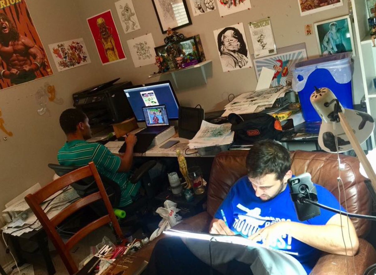 NickPitarra's tweet photo. Look'n through our book map &amp; here's a crazy cool #workinprogress sequence from @TheComiKen. When these pages are finished he'll never not work in comics. Already landed another coloring gig w a better artist than me. Plus, Ken's been grinding w me in my dirty studio for years... https://t.co/9v2OPQ6OcB