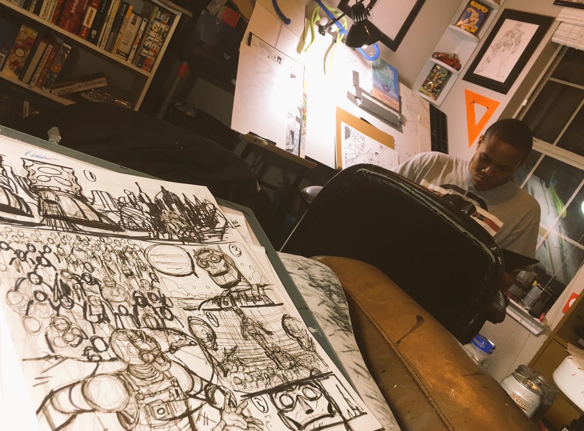 NickPitarra's tweet photo. Look'n through our book map &amp; here's a crazy cool #workinprogress sequence from @TheComiKen. When these pages are finished he'll never not work in comics. Already landed another coloring gig w a better artist than me. Plus, Ken's been grinding w me in my dirty studio for years... https://t.co/9v2OPQ6OcB