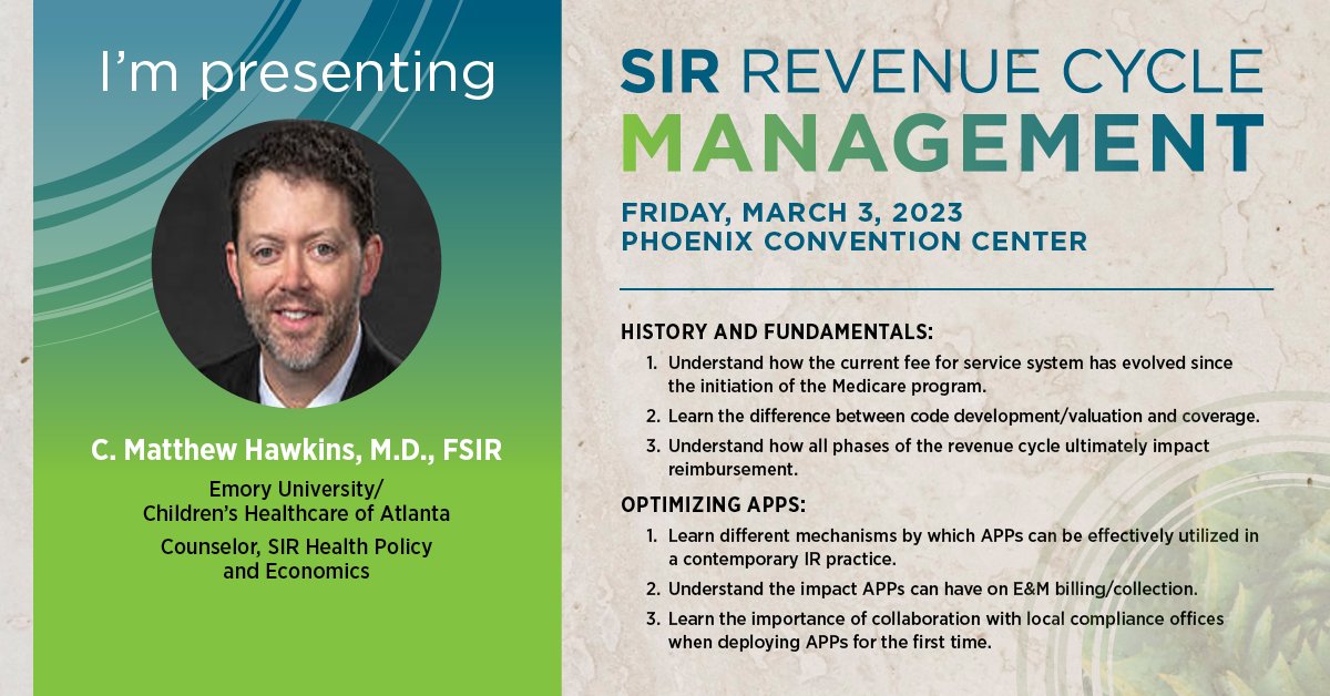 AshleyMaleki's tweet photo. Learn how to improve revenue cycle processes at the SIR Revenue Cycle Management course during #SIR23PHX! #MattHawkins will talk #IRads and business administrators through coding and billing best practices. Register now: https://t.co/8tJNHHXARo https://t.co/bdmb20VQ9r