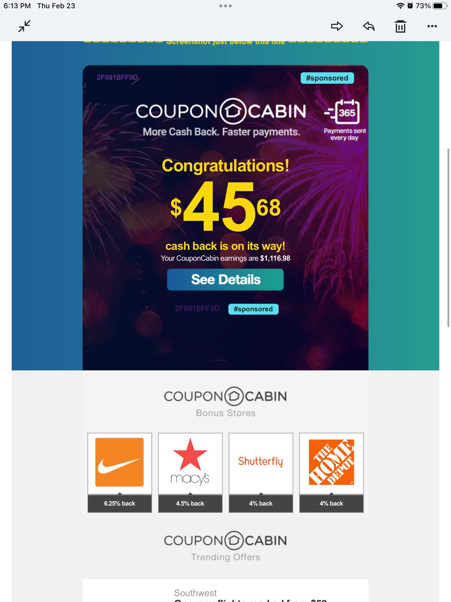 Quarantamy's tweet photo. @CouponCabin thanks for another bonus https://t.co/VOyhjPhih6