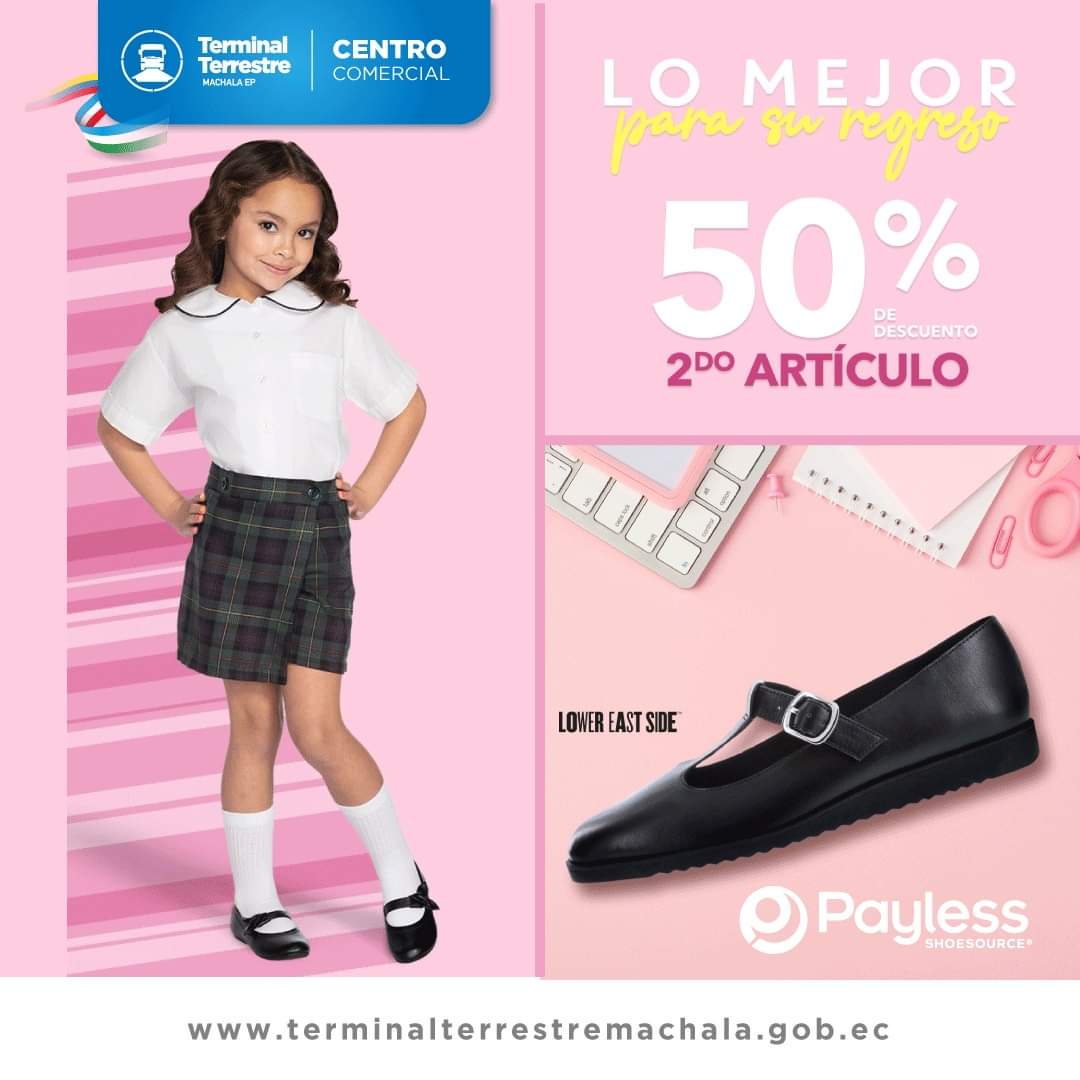 LO MEJOR PARA SU REGRESO EN PAYLESS DEL TERMINAL TERRESTRE DE MACHALA 📚👞

Te esperamos en Payless con esta increíble promoción, ideal para el regreso a clases. 

Llévate el segundo artículo con un 50% de descuento. 

#TerminalTerrestreDeMachala 
#Payless