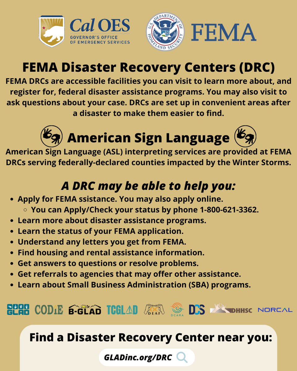 GLADeaf's tweet photo. ASL interpreting services are being provided at FEMA Disaster Recovery Centers (DRCs) serving federally declared counties impacted by the Winter Storms.

To get more info and find a DRC near you: https://t.co/SDJ3JSyPJ2

Stay safe! #CalOES #FEMA #DisasterRecoveryCenters https://t.co/ZdMLFbzvmU