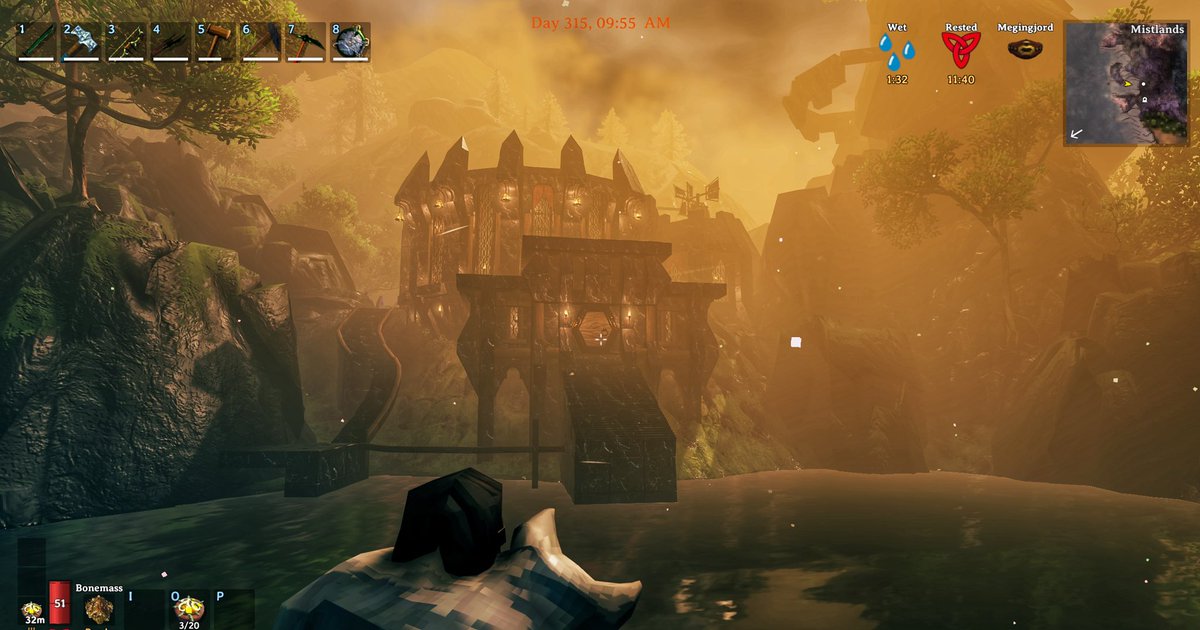 KattFarrell's tweet image. #Valheim #mistlands build coming along. Working on the dock and harbour then on the cliff side tower on the right.