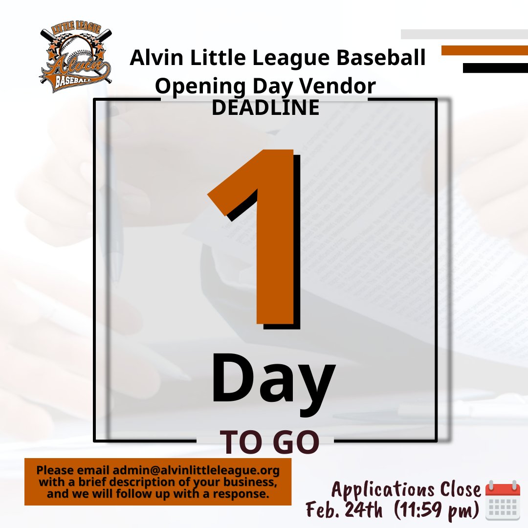 alvinLLbaseball's tweet photo. We are still looking for 2023 ALLB Opening Day vendors. Please email admin@alvinlittleleague.org with a brief description of your business, and we will follow up with a response. Deadline is tomorrow at 11:59 PM. https://t.co/OL2GK0g2E0