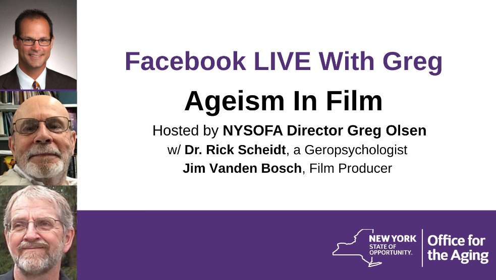 Facebook Live with Greg, Thursday, March 9th at 12 pm (cst). fb.me/e/4kZtUnzjJ
Join Jim and Rick for a lively discussion with NYSOFA Director Greg Olsen about Ageism in Film. Also, see  Movies About Aging and Elderhood's film reviews on Ageism: moviesaboutaging.org/category/ageis….