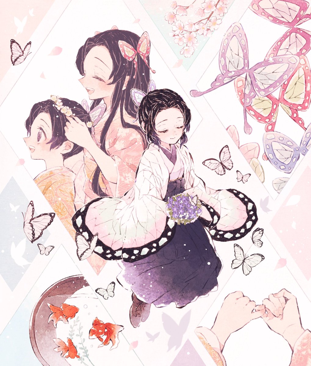 kochou shinobu japanese clothes multiple girls 2girls kimono hair ornament siblings sisters  illustration images