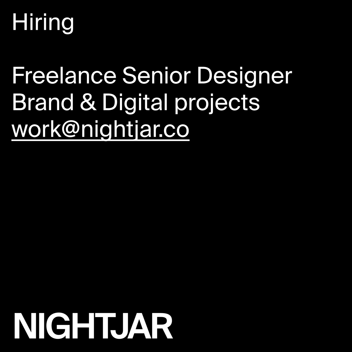 studiolathe's tweet photo. We're looking for freelance Senior Designers with 5+ yrs brand and digital experience to to help us create some award-winning work at @nightjar 

Remote accepted if available 2hrs within AEST. Please send your cover letter, CV and portfolio* to: work@nightjar.co 

RT appreciated! https://t.co/yxEmJunnvd