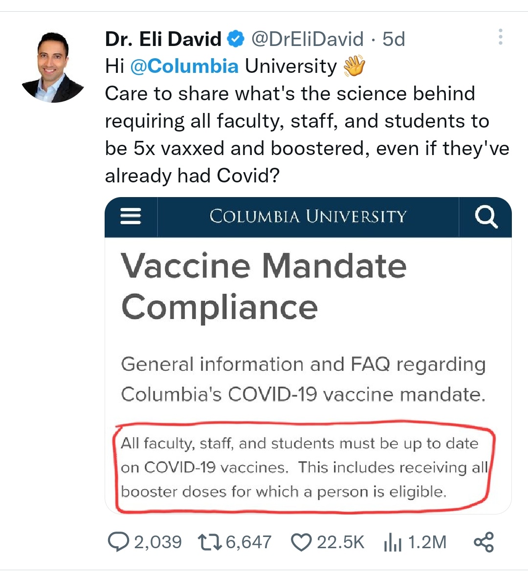 DrEliDavid's tweet photo. Following the tweet below, Today Columbia University announced that it will end its vaccine mandate.

Thank you all for helping make this tweet go viral, to apply effective pressure on Columbia University 👏 https://t.co/yNHH78D53k