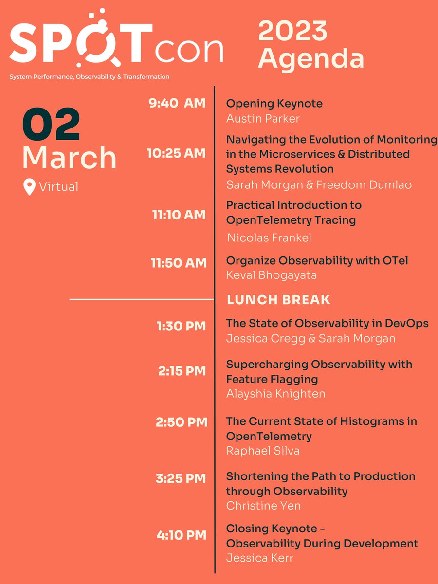 Excited to announce the agenda for #SPOTcon! Join us on March 2nd for a deep dive into the latest trends in tech and monitoring.

P.S. We're almost sold out, grab your tickets: ti.to/spotcon23/2023

#devops #observability #virtualconf