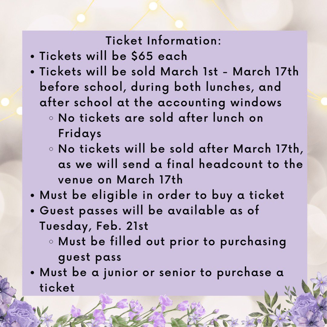 Our prom theme for 2023 is “Garden of Glamour!”Prom will be April 15 at the Church Ranch Event Center. Tickets are $65 and can be purchased March 1-17 at the accounting windows. As always for prom, the attire is formal. If you have any questions, email prom2023@mywps.org
