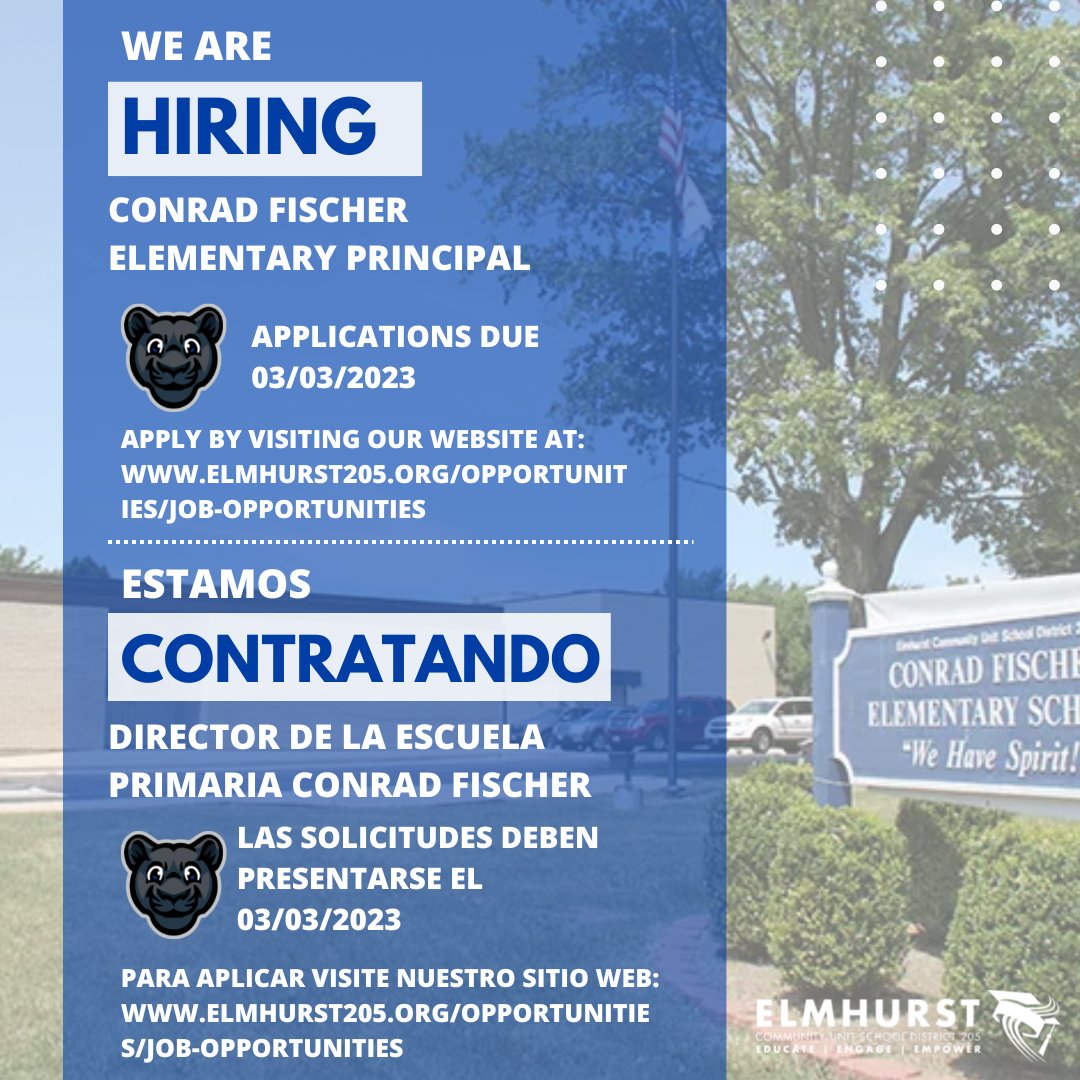 Apply today! applitrack.com/Elmhurst/onlin…

We are searching for a passionate educational leader to become the next principal at Conrad Fischer Elementary School! Applications are due March 3! 

Bilingual/Spanish speaking is required. 

#hiring #WeAreD205 #WeAreFischerD205