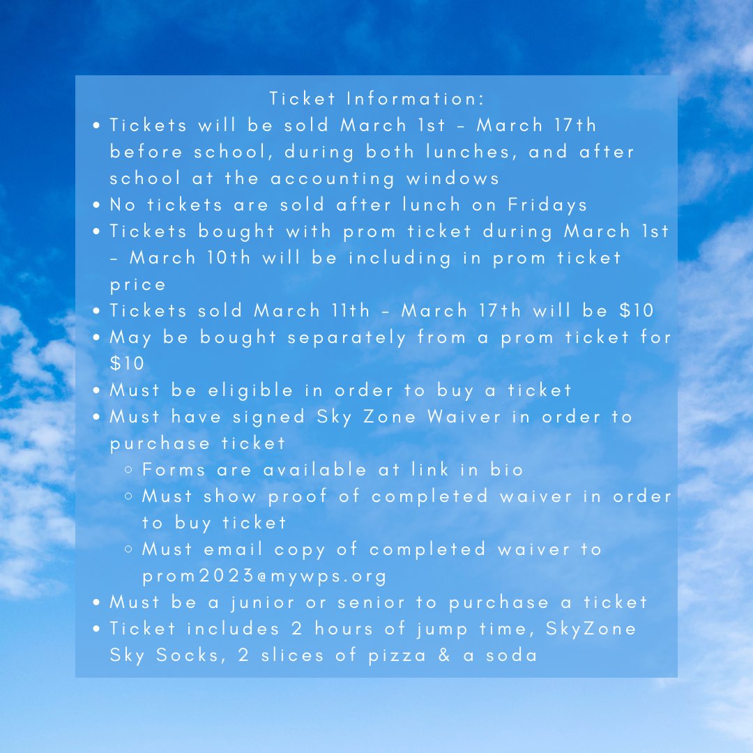 We are excited to announce after-prom is at Sky Zone Arvada this year from 12:00 to 2:00 AM. Sky Zone requires all jumpers to have a signed liability waiver on file. You can find the link to the waiver in our bio. Please email a copy of the completed waiver to prom2023@mywps.org