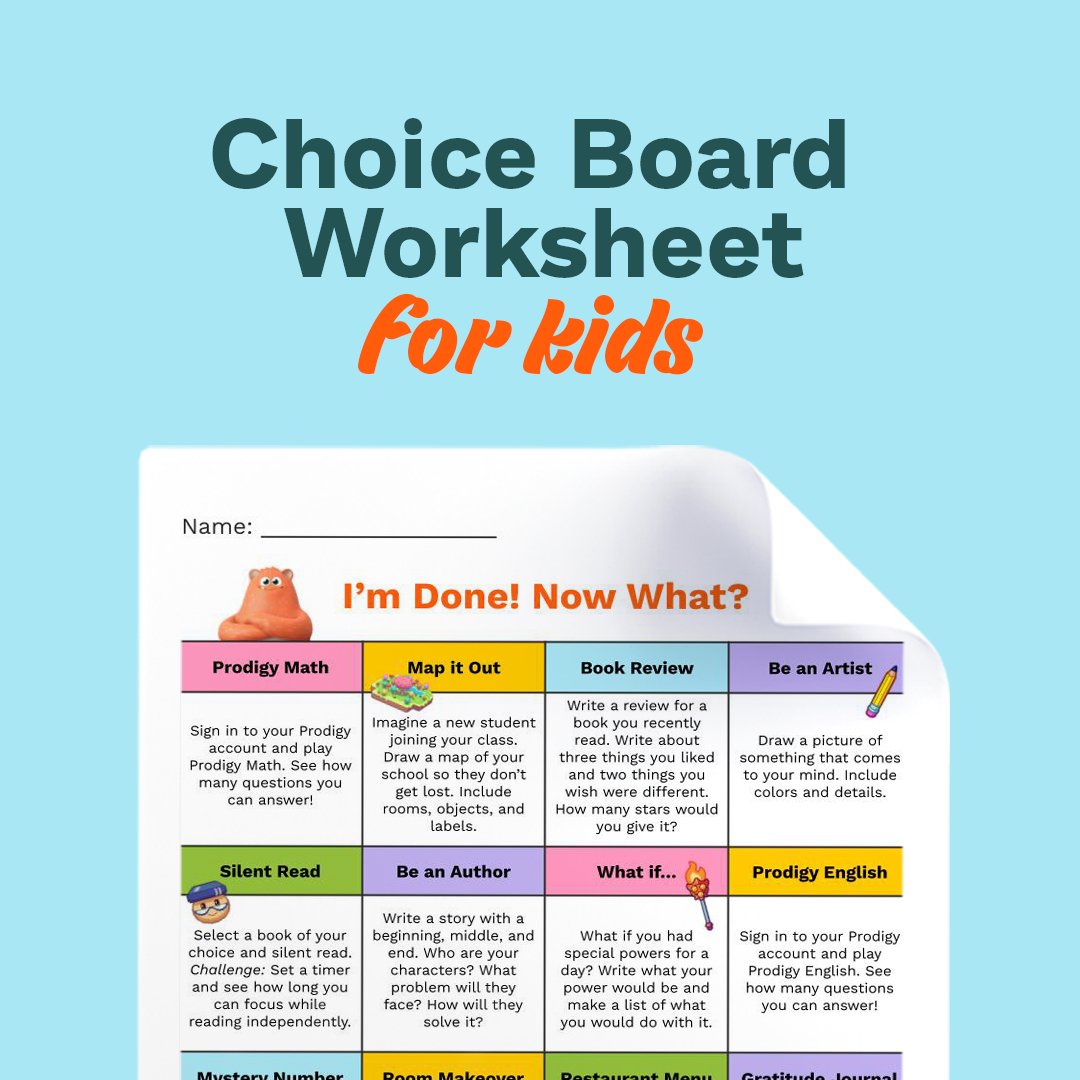ProdigyGame's tweet photo. #Teachers, what do the #earlyfinishers in your classroom do to keep themselves occupied?
We've put together a free & fun #choiceboard printable that has a ton of different activities that students can complete independently - download it here: https://t.co/DhPaxccS64 https://t.co/HstJ1YJ1rs